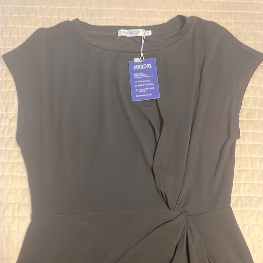 Adibosy Black Tie Front Midi Dress with Cap Dolman Sleeves | LBD - Picture 8 of 12